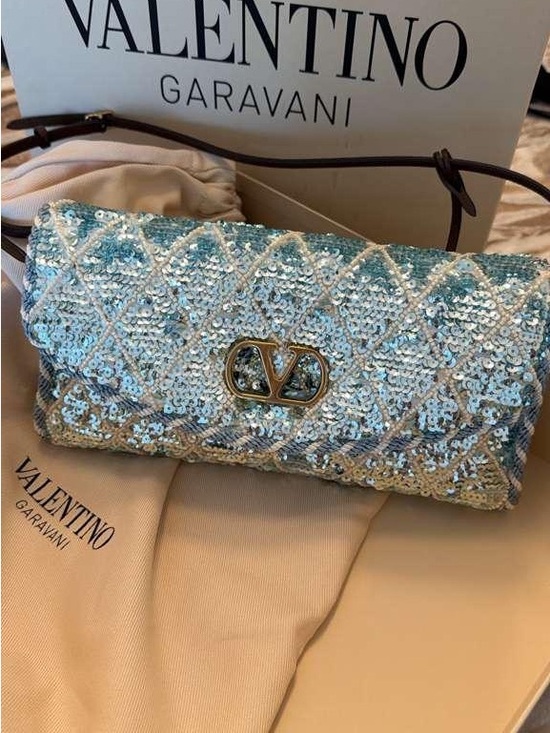 Valentino Garavani Handbags - Valentino Garavani Light Blue Sequin Quilted Clutch with Gold Logo